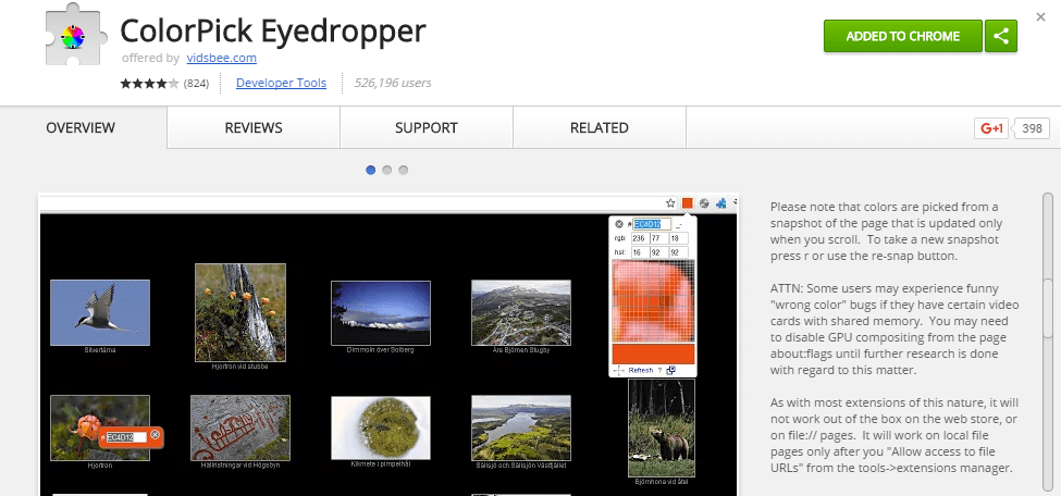 example of purchasing the color pick eyedropper in the chrome browser extension store