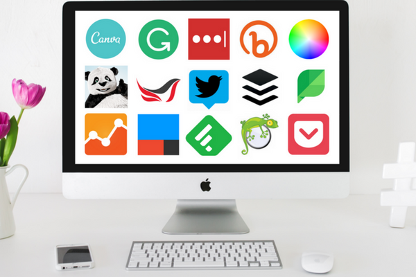 web-tools-i-cant-live-without desktop computer with top web tool icons on monitor screen